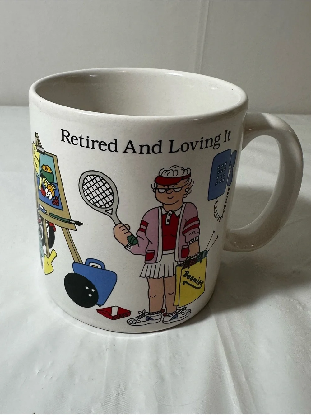 RETIRED AND LOVING IT Russ White Ceramic Mug with Black Logo